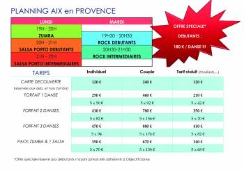 Planning des cours  2013 à  Aix en Provence  proposés par Objectif danse