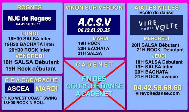 PLANNING GENERAL de nos cours de danse rock, salsa, bachata et west coast swing pour la saison 2023 proche Pertuis et Aix